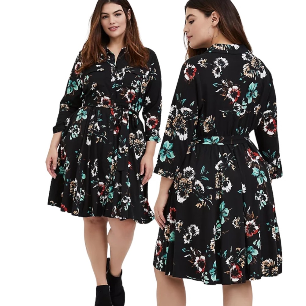 Torrid 5x 28 Black Floral Mini Challis Shirt Dress - Button Front Dress
